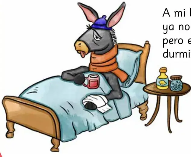 Ilustración de un burro enfermo acostado en una cama, con gorro azul y bufanda naranja, junto a una mesa con frascos de remedios.
