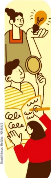 Ilustración de tres personas: una mujer con una bombilla encendida sobre la cabeza, un joven con una lupa y una persona escribiendo en un cuaderno con la palabra 'Calle' repetida; representa la observación y el análisis de la información.
