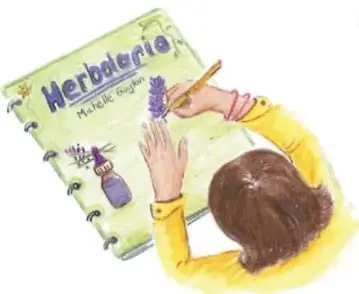 Ilustración de una niña decorando la portada de su herbario con el título 'Herbario' y una flor; crédito a Ana Cecilia Gaytán Ortiz, Guanajuato.