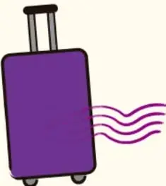 Maleta morada con líneas de movimiento.