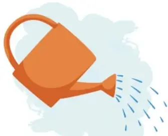 Ilustración de una regadera naranja de la que sale agua en chorro fino, sobre mancha azul claro.