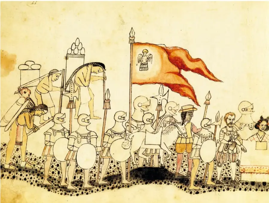 Ilustración histórica estilo códice en tonos sepia y rojo: una columna de soldados españoles con cascos, armaduras, escudos redondos y lanzas marcha a la derecha portando un gran estandarte carmesí con una figura angélica; detrás y a la izquierda, personas indígenas con carga a la espalda y animal doméstico; a la derecha aparecen personajes de la colonia, uno a caballo y una dama con abanico, frente a un puesto o balcón.