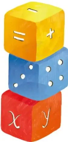 Ilustración de tres dados apilados: uno amarillo con símbolos (=, ×, ÷), uno azul con puntos de dados y uno rojo con las letras X e Y. Ilustración de Sarah Esther Legorreta Medrano, COLIMA.