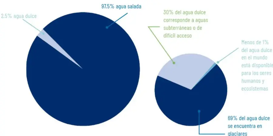 Dos gráficas circulares tituladas 'El agua en la Tierra'. La primera muestra 97.5% de agua salada y 2.5% de agua dulce. La segunda desglosa el agua dulce: 69% en glaciares, 30% en aguas subterráneas o de difícil acceso y menos de 1% disponible para seres humanos y ecosistemas.