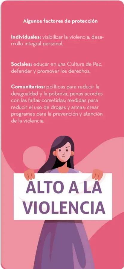 Ilustración de una joven de cabello oscuro que sostiene con ambas manos una pancarta blanca con el lema en letras moradas: 'ALTO A LA VIOLENCIA'.