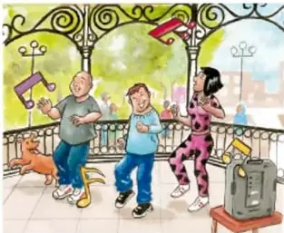 Adultos caminando por una plaza con sus perros y una persona haciendo ejercicio junto a un aparato.