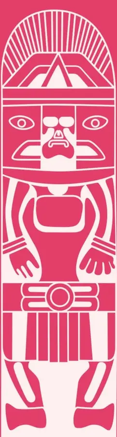 Ilustración estilizada en color rosa y blanco de una figura prehispánica o totémica, con rostro central, brazos extendidos y un tocado radiado. Funciona como elemento gráfico decorativo de apertura de la unidad.