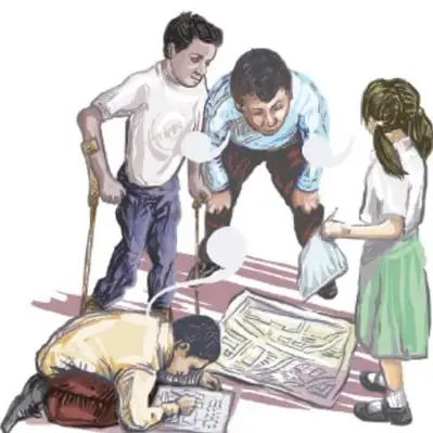 Ilustración de cuatro estudiantes observando y señalando un plano extendido en el suelo; uno de ellos sostiene un cuaderno. Al pie se lee 'Octavio Sánchez Oropeza, Veracruz'.