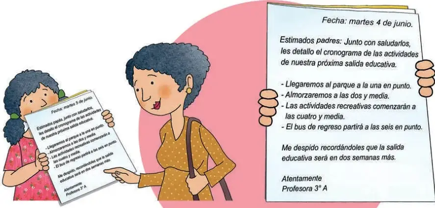 Natalia, una niña de polera rosada, muestra a su mamá un papel con la comunicación de la salida educativa.
