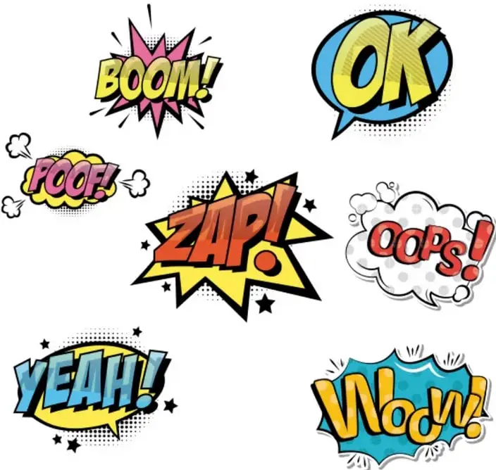 Siete globos de onomatopeya de colores: BOOM!, OK, POOF!, ZAP!, OOPS!, YEAH! y WOW!, con formas de explosión, nube y estrella.