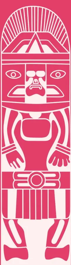 Ilustración estilizada en color rosa y blanco de una figura antropomorfa de inspiración prehispánica, con tocado radiado, rostro con ojos y nariz marcados, brazos extendidos y faldellín con franjas verticales. Ocupa toda la altura de la página.