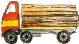 Ilustración de un camión cargado con troncos talados; firma de Miguel Ángel Luna Vargas, Morelos.