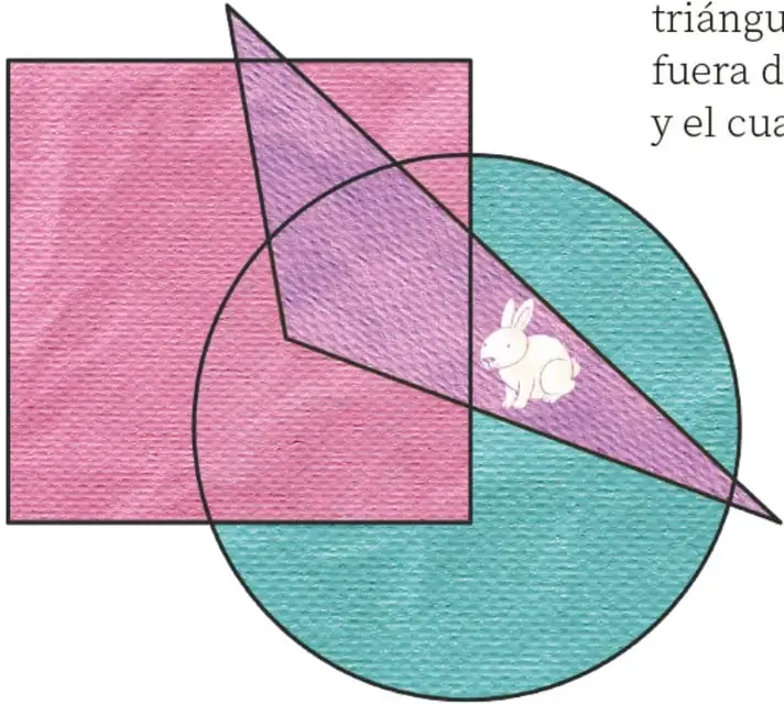 Cuadrado rosa, círculo verde y triángulo morado superpuestos; un conejo blanco está en la zona común del círculo y el triángulo, fuera del cuadrado.