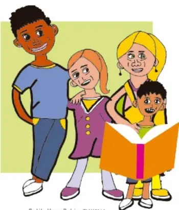 Ilustración de cuatro niños y niñas sonrientes leyendo juntos un libro grande naranja; crédito de Ruttila Vega Rubio, Tlaxcala.