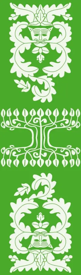 Franja verde con tres ilustraciones ornamentales blancas de estilo folclórico: una figura con mascarilla vegetal arriba, un árbol estilizado con ramas y raíces al centro, y otra figura con mascarilla vegetal invertida abajo.