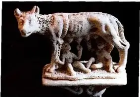 Escultura de Rómulo y Remo alimentados por la loba Capitolina, relacionada con uno de los mitos fundacionales de Roma.