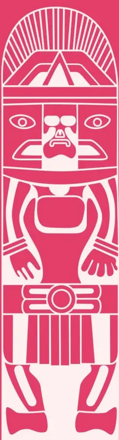 Ilustración en rosa mexicano que representa una estela o tótem mesoamericano: rostro central con ojos y nariz marcados, brazos extendidos, cinturón con círculo central y piernas, sobre fondo rosa.