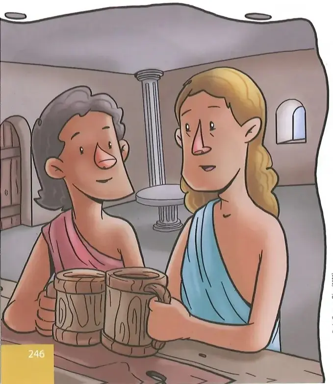Ilustración a color de dos figuras: una persona con piel de león (Heracles) y una mujer con cabello blanco y túnica