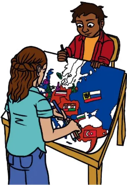 Ilustración de dos estudiantes elaborando una maqueta con un mapa de Europa y banderas sobre una mesa, obra de Sarid Amisadai Limón Huerta, Baja California.