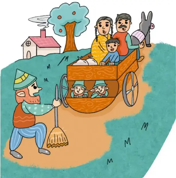 Duendes con sombreritos cónicos colgando de cuerdas, corriendo junto a un barril volcado y subidos a una caja con tomates; don Manuel, espantado, en la puerta.