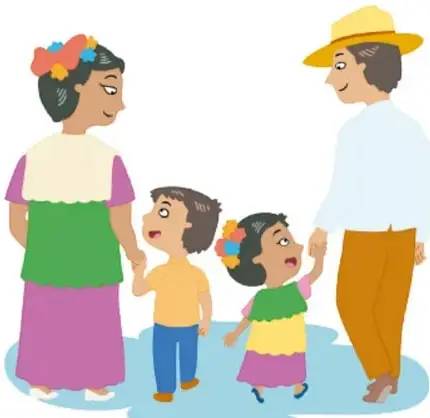 Ilustración de una familia (madre, padre y dos hijos) de pie junta, representando el derecho a vivir en familia. Crédito: Herenia González Zúñiga, Ciudad de México.