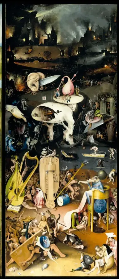 Panel del infierno: paisaje oscuro en llamas, instrumentos musicales gigantes y pecadores atormentados.