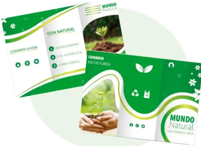 Dos trípticos de ejemplo titulados "Mundo Natural — Cultivamos vida" con imágenes de plantas y manos sembrando, y frases "Cuidamos la vida" y "Cuidamos nuestro planeta".
