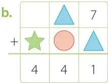 Tres adiciones verticales incompletas con encabezados C, D, U para completar los dígitos que faltan.