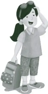Ilustración de una niña con mochila y uniforme escolar, sonriendo y llevando la mano a la cabeza.