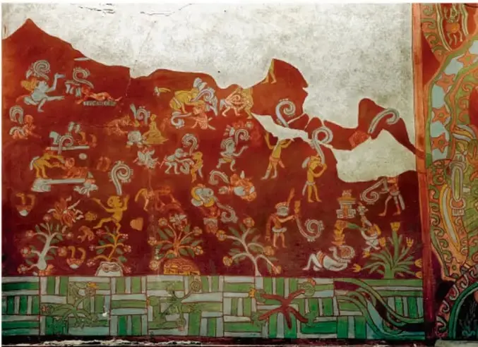 Mural prehispánico con figuras humanas, animales y elementos vegetales en tonos rojos, verdes y ocres, representativo de los mitos y orígenes de los pueblos antiguos.