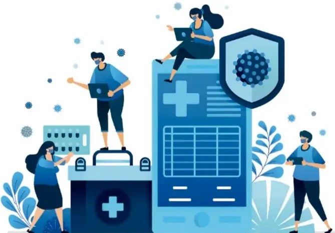 Ilustración de personas con equipo de protección (mascarillas) trabajando con dispositivos tecnológicos y elementos de salud (cruz médica, escudo con virus), representando la salud pública y la protección frente a riesgos.