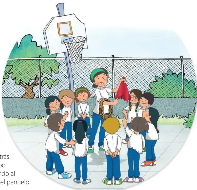 Ilustración de un grupo de aproximadamente 10 niños y niñas de uniforme escolar reunidos en el patio, alrededor de una docente con gorro verde que sostiene una cuerda y un pañuelo rojo. Al fondo se observa un aro de básquetbol, una reja y árboles.