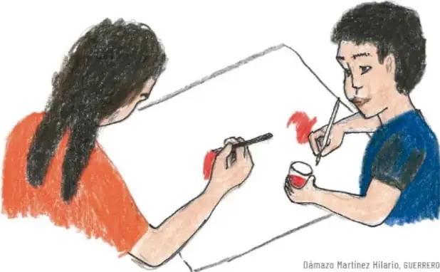 Dibujo de dos niños pintando un cartel sobre una hoja grande; uno pinta con pincel y otro usa acuarela; crédito Dámazo Martínez Hilario, Guerrero.