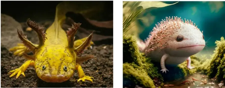 Ajolote amarillo con manchas oscuras, branquias externas ramificadas y cuatro patas, sobre tierra húmeda.