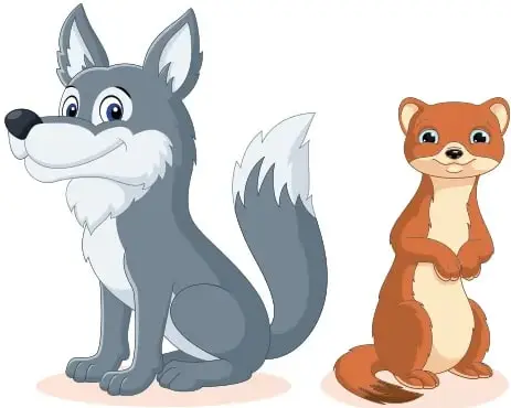 Ilustración de un lobo gris (Wally the wolf) y una comadreja marrón (Wendy the weasel).