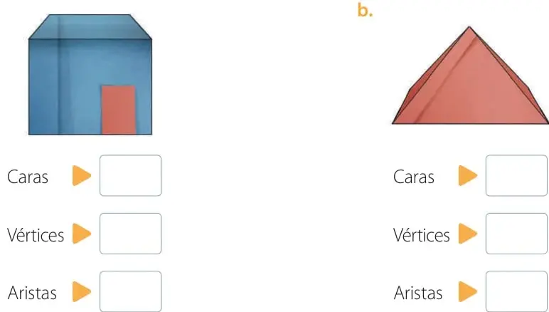 Casa azul con puerta roja, forma de prisma de base cuadrada (cubo), con espacios en blanco para caras, vértices y aristas.