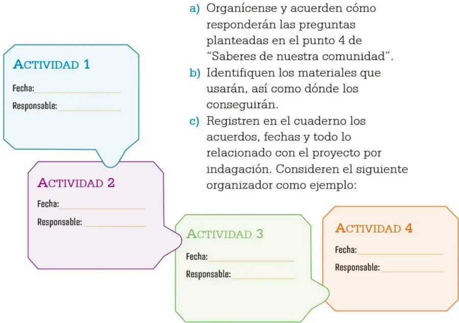 Cuatro cuadros de colores (azul, morado, verde y naranja) con los títulos Actividad 1, 2, 3 y 4, cada uno con espacios para fecha y responsable.