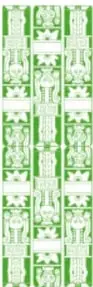 Cinco paneles decorativos en verde con motivos prehispánicos y folclóricos, uno por asignatura: Español, Lengua indígena como lengua materna, Lengua indígena como segunda lengua, Inglés y Artes.
