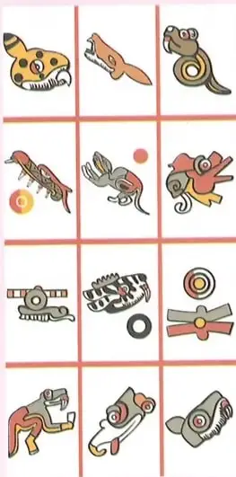 Cuadrícula con ornamentos que representan animales en un códice mesoamericano.