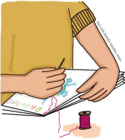 Ilustración de una persona cosiendo un cuadernillo con hilo y aguja.