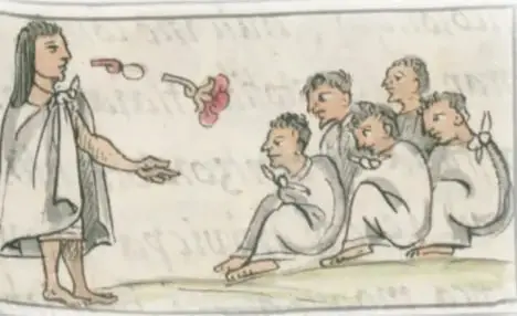 Ilustración de códice: un sabio de pie ante un grupo de personas sentadas que escuchan atentas; de su boca sale un símbolo de flor de palabra.