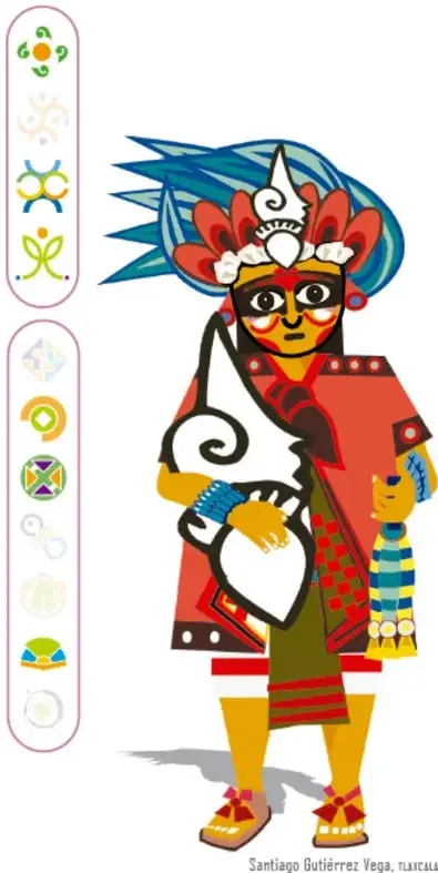 Ilustración de estilo popular mexicano de un dios mexica de pie: penacho de plumas azules, máscara roja, capa blanca con caracol, escudo y atuendo rojo; firma: Santiago Gutiérrez Vega.