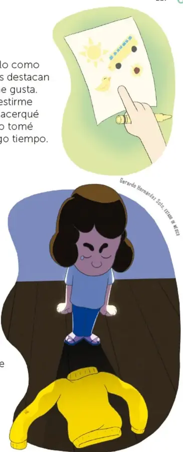 Mano señalando un dibujo infantil con sol, camión y pollito amarillos sobre papel claro.