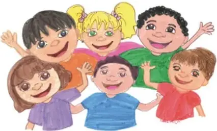 Grupo de cinco niñas y niños sonriendo y levantando las manos.