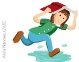 Una niña se protege de la lluvia y aparece mojada; debajo se lee «Susana se mojó».