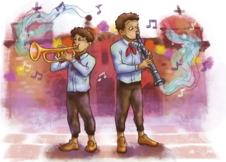 Ilustración de dos jóvenes músicos, uno con trompeta y otro con clarinete, tocando frente a un fondo colorido con notas musicales.