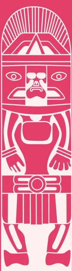 Ilustración estilizada en rosa y blanco de una figura humana con tocado geométrico, inspirada en el arte tradicional africano.