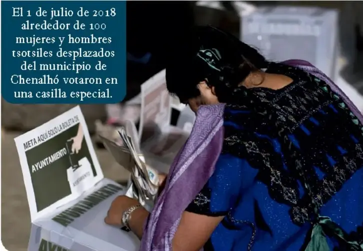 Mujer indígena con blusa bordada y rebozo morado depositando un voto en una urna. Al fondo, un cartel que dice 'META AQUÍ SU VOTO' y 'AYUNTAMIENTO'.