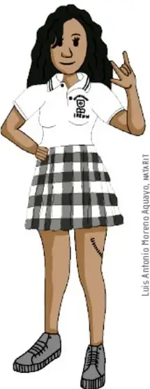 Ilustración de una estudiante de uniforme (blusa blanca y falda a cuadros) haciendo una señal con la mano, de pie.