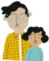 Ilustración de dos familias reunidas: una pareja con hijos y otra pareja con hijas, conviviendo.